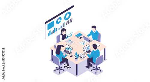 Vector illustration of people working at a desk with computers and charts