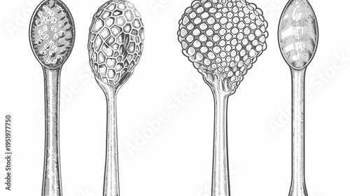 Engraved artwork showing four ornate, decorative spoons with varying bowl designs