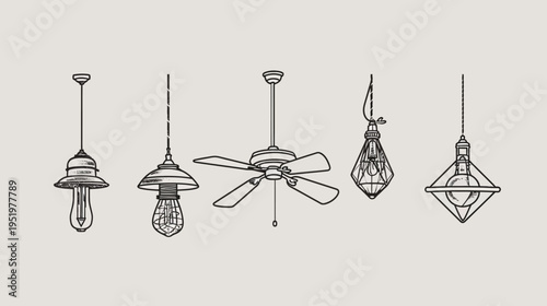 Five line-drawn lighting fixtures, including pendant lights and a ceiling fan, on a plain background