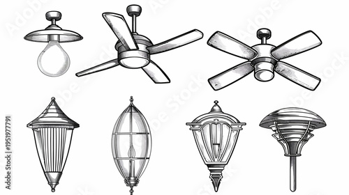Lighting and Ceiling Fans in line drawing with different styles and shapes