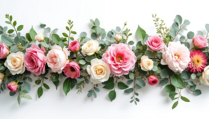 Soft pink and cream roses with green eucalyptus leaves arranged in a border. Delicate floral composition for celebrations events decor and romantic themes.