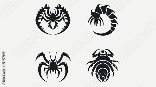 Four stylized black silhouettes of different spider-like creatures on a white backdrop