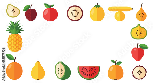 A vibrant collection of various whole and sliced fruits, including pineapple, apples, pears, kiwi, and watermelon, arranged as a decorative border around a central white space.