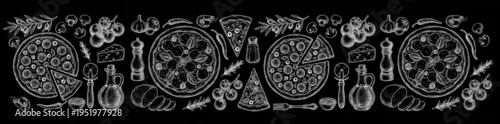 Obraz  z motywem Italian pizza ingredients chalk drawing on black background with pepperoni mushrooms cheese olives and oil illustrations