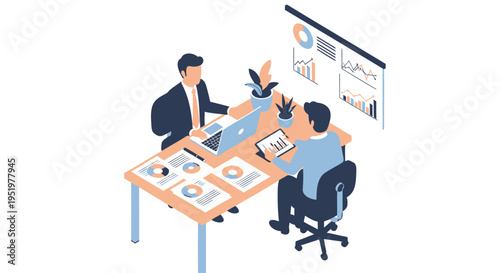 Vector illustration of two businessmen discussing data at a desk