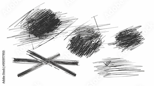 Abstract image with rough, scribbled shapes and lines in black on a white background