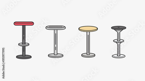 Cartoon illustration of four bar stools, each with a unique design and color palette
