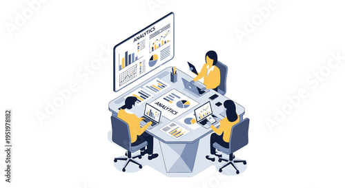 Vector illustration of 3 people working at office desk with computers and charts