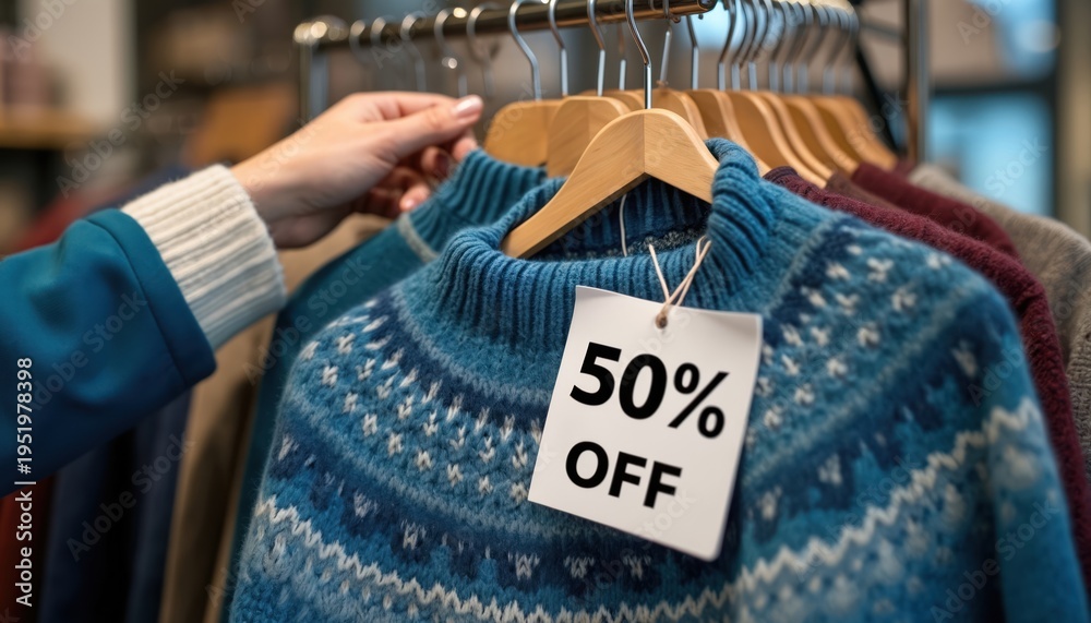 Obraz premium Customer checks patterned knit sweater with 50 percent off tag on hanger. Retail store display shows discounted winter clothing for sale. Seasonal fashion bargain offer.