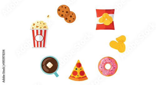 A vibrant, flat-lay vector illustration showcases a circular arrangement of various popular snack foods and comforting treats.