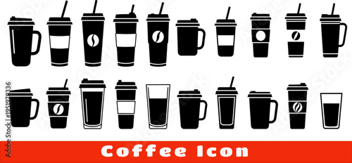 Set of 20 black coffee icons including cups mugs and glasses with coffee bean symbols for cafe