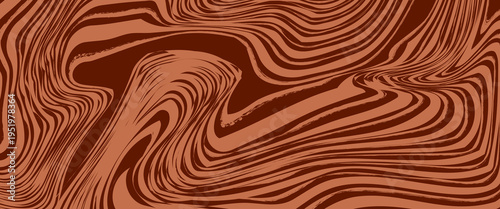 Retro coffee color background. Milk chocolate liquid dessert texture. Wavy swirl candy pattern for poster, cover, banner, pamphlet. Vintage brown trippy hippie wallpaper in 60s or 70s style.