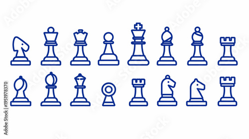 Chess pieces in blue outline on a white background