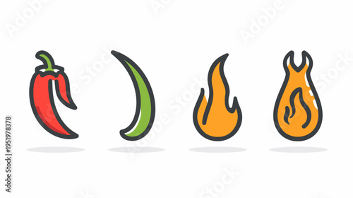 A spicy lineup of chili pepper and flames, outlined on white background with shadows