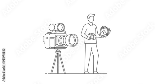 Vector illustration of a man holding a film camera and a video clip