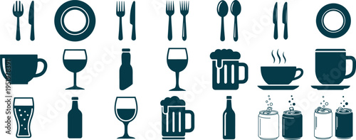 Set of kitchenware and drink icons in blue color on transparent background for various design needs vector