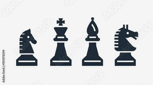 Minimalistic chess pieces knights, king, bishop. Simple shapes and clean lines