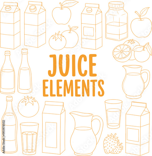 Juice elements outlines collection vector illustration set includes fruits drinks packaging glass apple orange strawberry and tomato