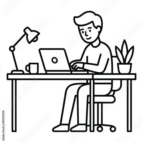 Man working on laptop at desk illustration