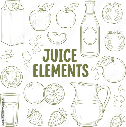Juice elements outlines collection vector illustration set includes fruits drinks packaging glass apple orange strawberry and tomato