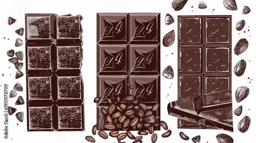 Digitally drawn chocolate bars with cocoa beans and nuts, artistic and detailed