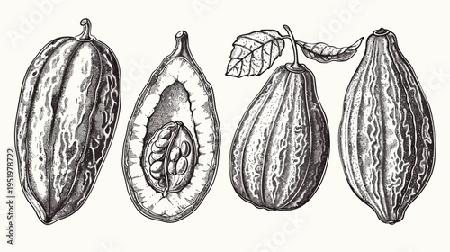 Four cocoa pods, one cut open showing beans, in a detailed monochrome ink sketch