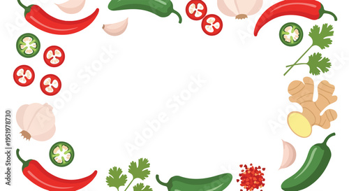 This vibrant vector illustration features a border of various cooking ingredients like red and green chilies, garlic, ginger, and cilantro around a central white copy space.