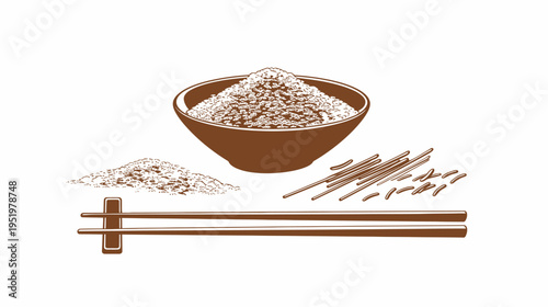 Brown monochromatic line art of a bowl of grain, noodles, and chopsticks
