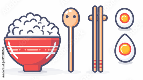 Cartoon illustration of bowl with rice, spoon, chopsticks, and halved boiled eggs