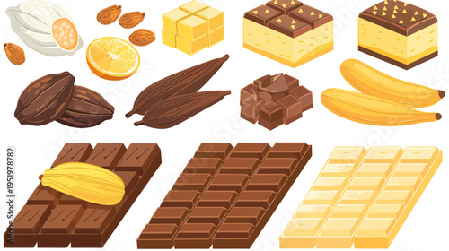 Isometric illustration of chocolate and various ingredients nuts, fruit, desserts