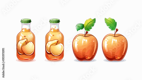 Two cartoon bottles with apples inside next to two cartoon apples with leaves