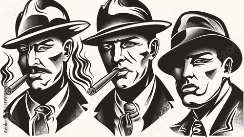 Three vintage-style monochrome men in suits and hats smoking cigars, vector artwork