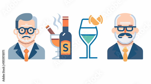 Flat icon row elderly man, wine/cigar glass, bottle marked "S," cocktail, man
