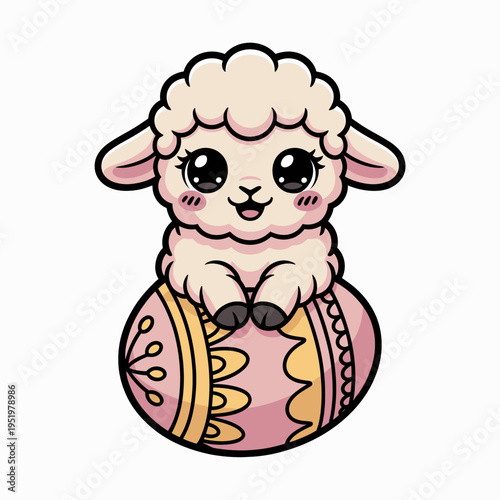 A charming cartoon lamb sits atop a decorated egg.
