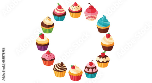 A vibrant vector illustration features a circular arrangement of colorful, cartoon-style cupcakes with various toppings on a plain white background.