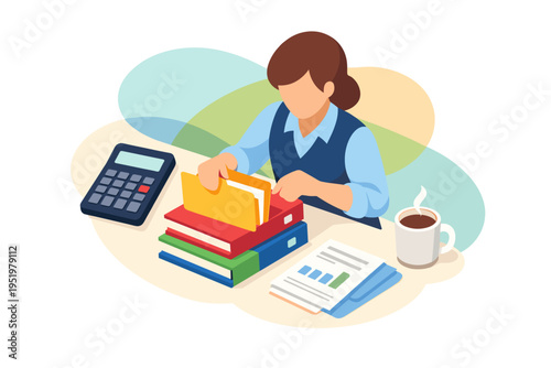 Woman organizing files and documents at desk with calculator and coffee.