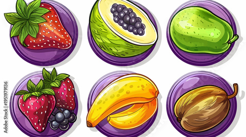 Assorted fruit icons presented in a cartoon style, each on a purple, textured circle
