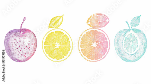 Colorful fruit slices, each with a textured, artistic effect, arranged against a white backdrop