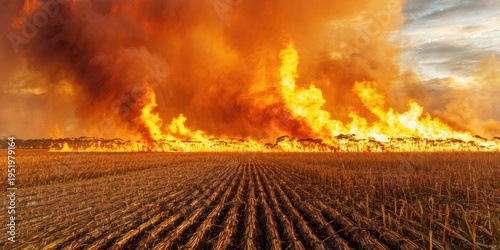 Vast field consumed by intense flames. Smoke billows, creating dramatic sky. Destruction dominates landscape, showcasing power nature.