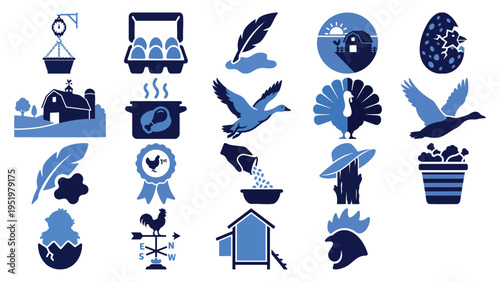 Blue and Sky Blue Silhouettes Set of  ROOSTER CROWN, FARM FRESH EGG, CHICKEN COOP, BABY CHICK, POULTRY BUCKET Flat Vector Illustration on Transparent Background