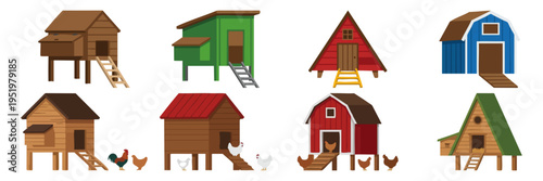  CHICKEN COOP - Classic wooden hen house with a small ladder  Flat Vector Illustration on Transparent Background