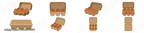 EGG CARTON - Open cardboard carton holding six brown farm eggs  Flat Vector Illustration on Transparent Background