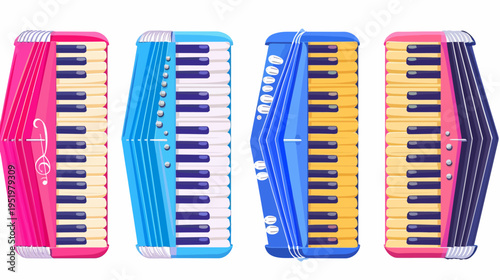 Four colorful, cartoon-style accordions are displayed against a solid white background