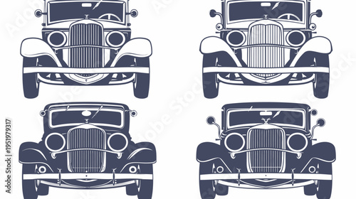 Graphic illustration of front-facing classic car designs in dark blue and white