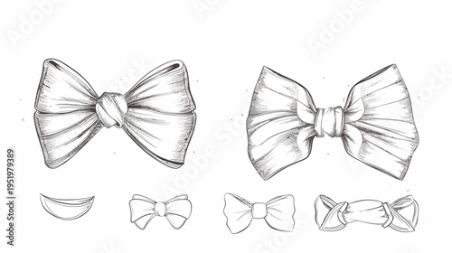 Hand-drawn set of six bow ties in different styles, grayscale and sketch-like quality