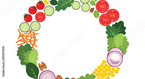 A vibrant array of fresh salad ingredients like tomatoes, cucumbers, lettuce, corn, and walnuts forms an appealing oval frame on a white background.
