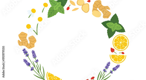 A vibrant vector illustration forms an open wreath of natural ingredients: chamomile, mint, ginger, lemon, lavender, and red berries, against a white background.