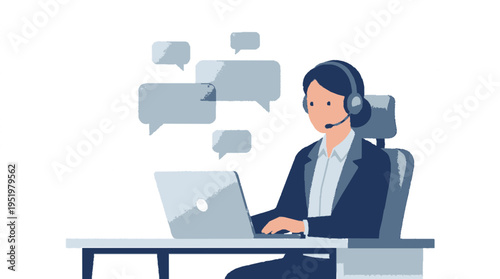 Customer support representative wearing headset working on laptop with chat bubbles