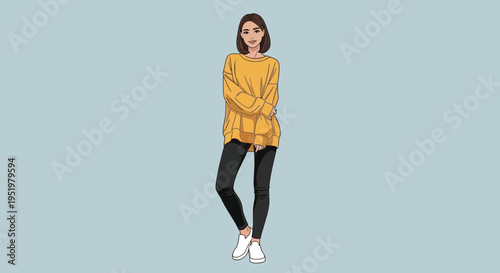 Fashionable young woman in an oversized yellow sweater and black leggings, standing confidently.