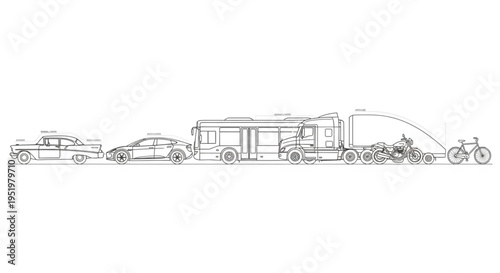 Diverse Transportation Vehicles Lined Up Side By Side.